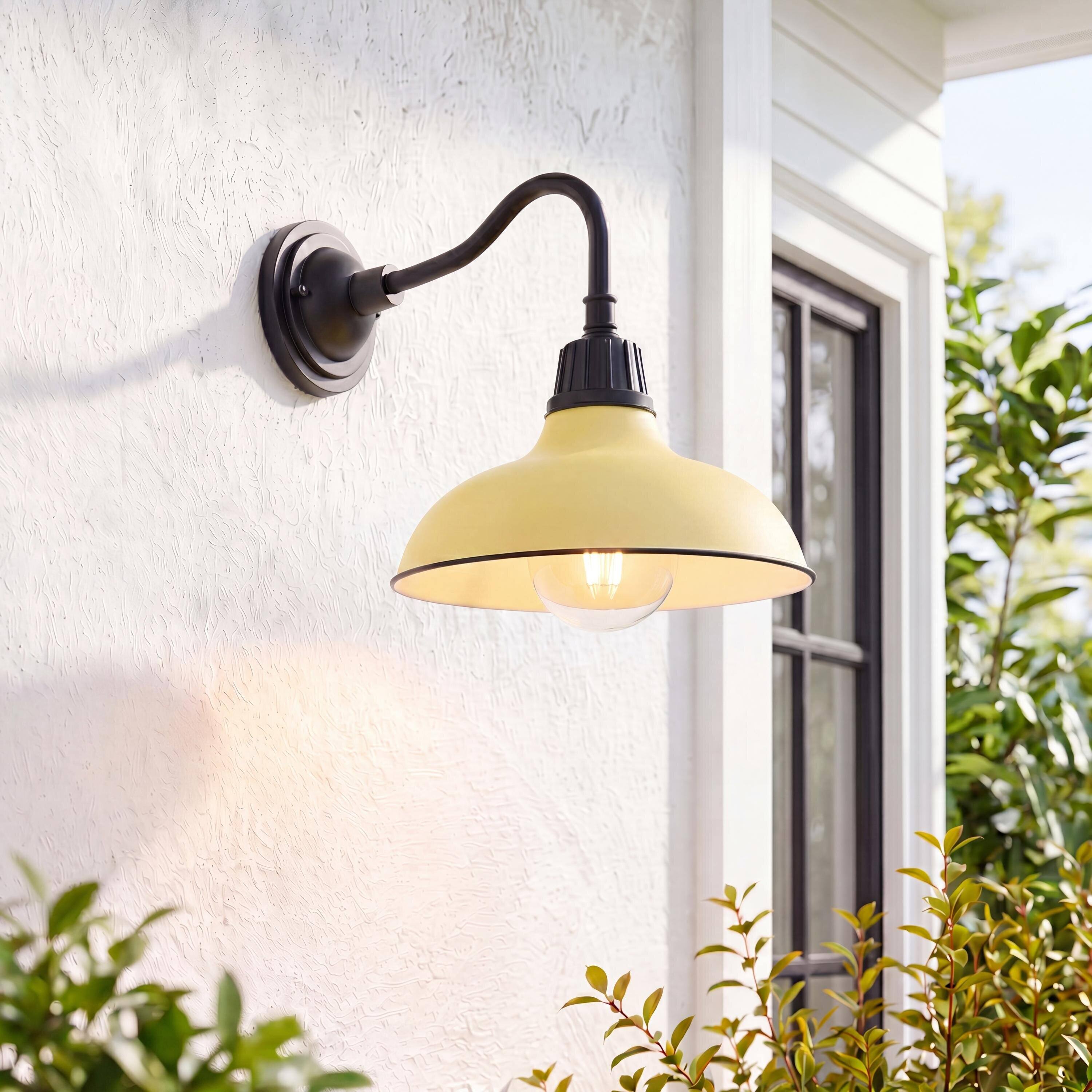 Alt View 1. Jonathan Y - Aurora 12.25" 1-Light Farmhouse Industrial Indoor/Outdoor Iron LED Gooseneck Arm Outdoor Sconce, Matte Yellow - Matte Yellow/Black.
