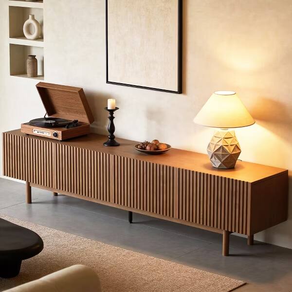 Back. luck idea - 86.6" Fluted Wood TV Stand for TV Up to 90", Mid-Century Walnut Media Console with Storage Cabinets & Cable Holes - brown.