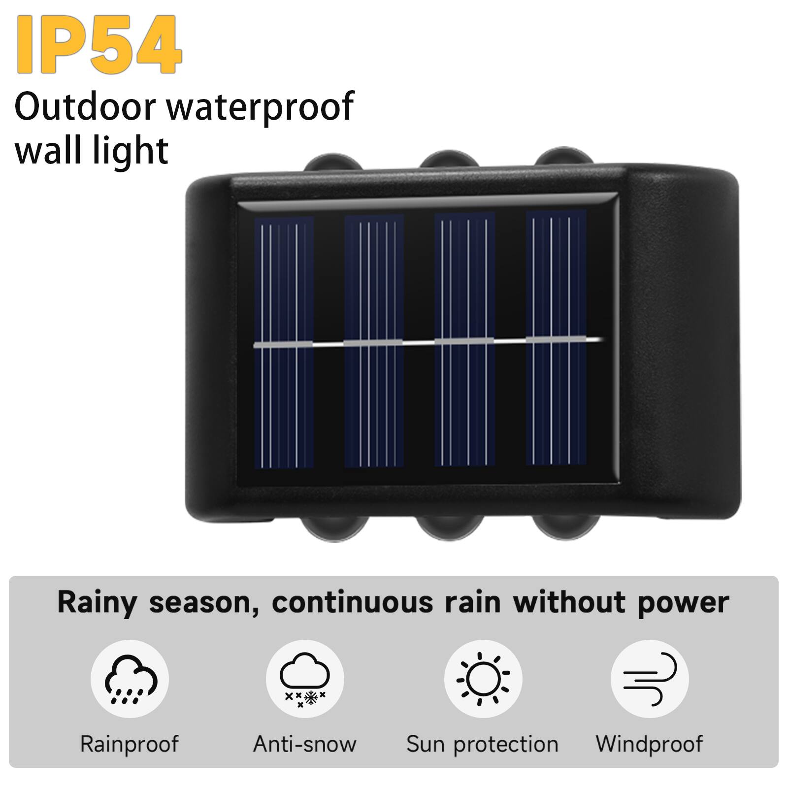 IP54 Outdoor waterproof wall light

Rainy season, continuous rain without power

- Rainproof
- Anti-snow
- Sun protection
- Windproof
