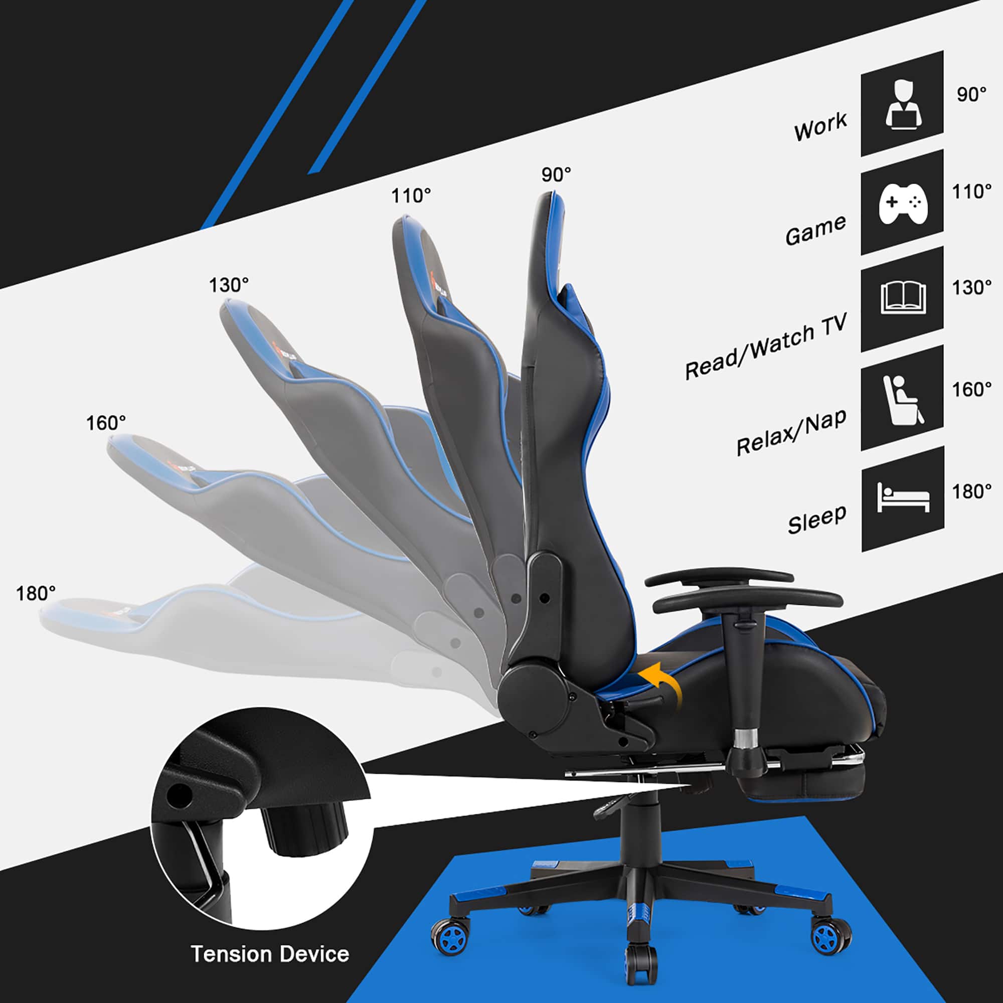 The text on the image is grouped and corrected as follows:
1. Tension Device: 110 90 160 130 160
2. Work: 110 90
3. Game: 110 90
4. TV: 110 90
5. Read/Watch: 110 90
6. Relax/Nap: 110 90
7. Sleep: 110 90
These grouped and corrected text descriptions provide a better understanding of the various features and functions of the ergonomic chair.