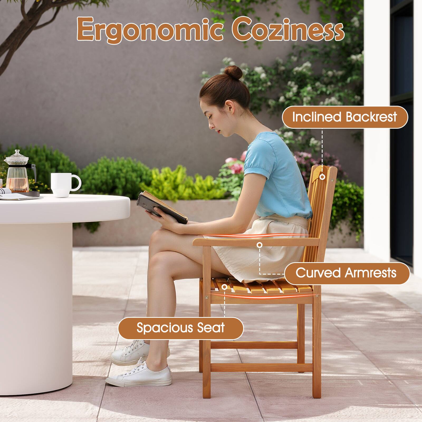 Ergonomic Coziness

- Inclined Backrest
- Curved Armrests
- Spacious Seat