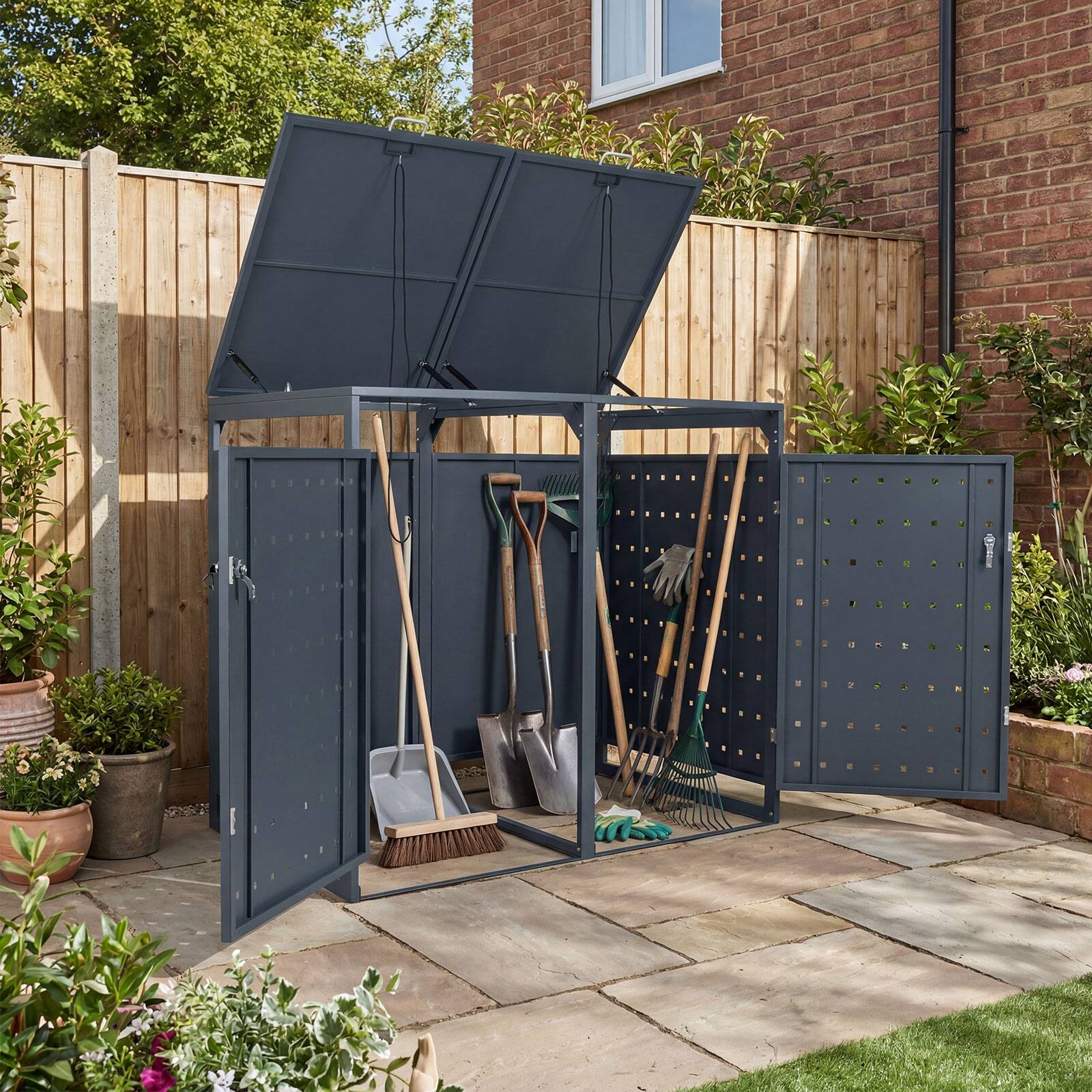 Alt View 3. Gymax - Gymax Metal Garbage Bin Storage Shed for2Trash Cans44CU.FT Double Trash Can Enclosure - Grey.