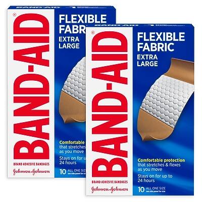 BAND-AID  
FLEXIBLE FABRIC  
EXTRA LARGE  

Comfortable protection that stretches & flexes as you move  
Stays on for up to 24 hours  

10 ALL ONE SIZE  

BRAND ADHESIVE BANDAGES  

Johnson & Johnson