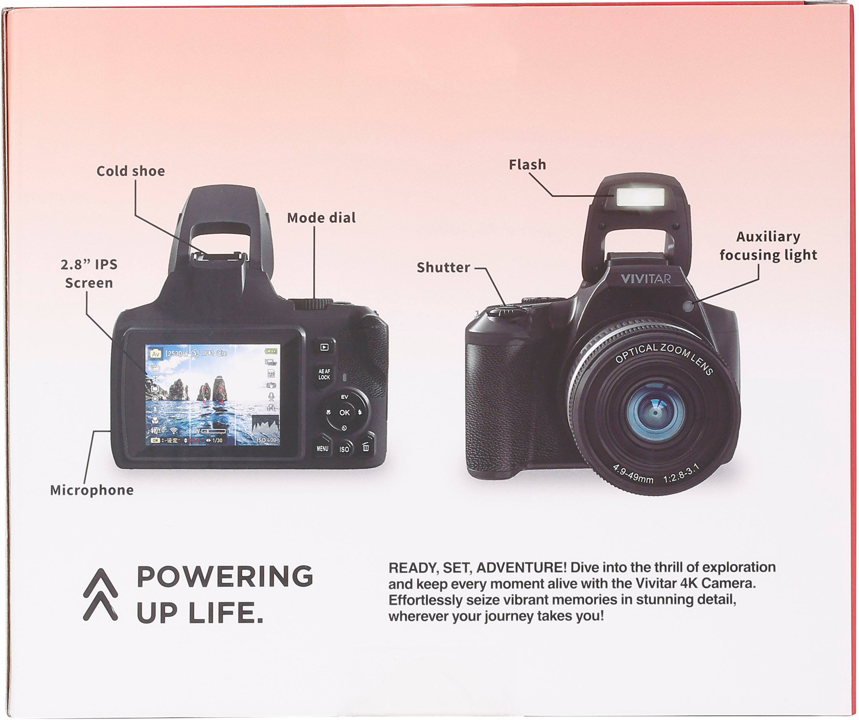 Cold shoe, Flash, 2.8" IPS Screen, Mode dial, Shutter, VIVITAR, Auxiliary focusing light, Microphone, POWERING UP LIFE. READY, SET, ADVENTURE! Dive into the thrill of exploration and keep every moment alive with the Vivitar 4K Camera. Effortlessly seize vibrant memories in stunning detail, wherever your journey takes you!