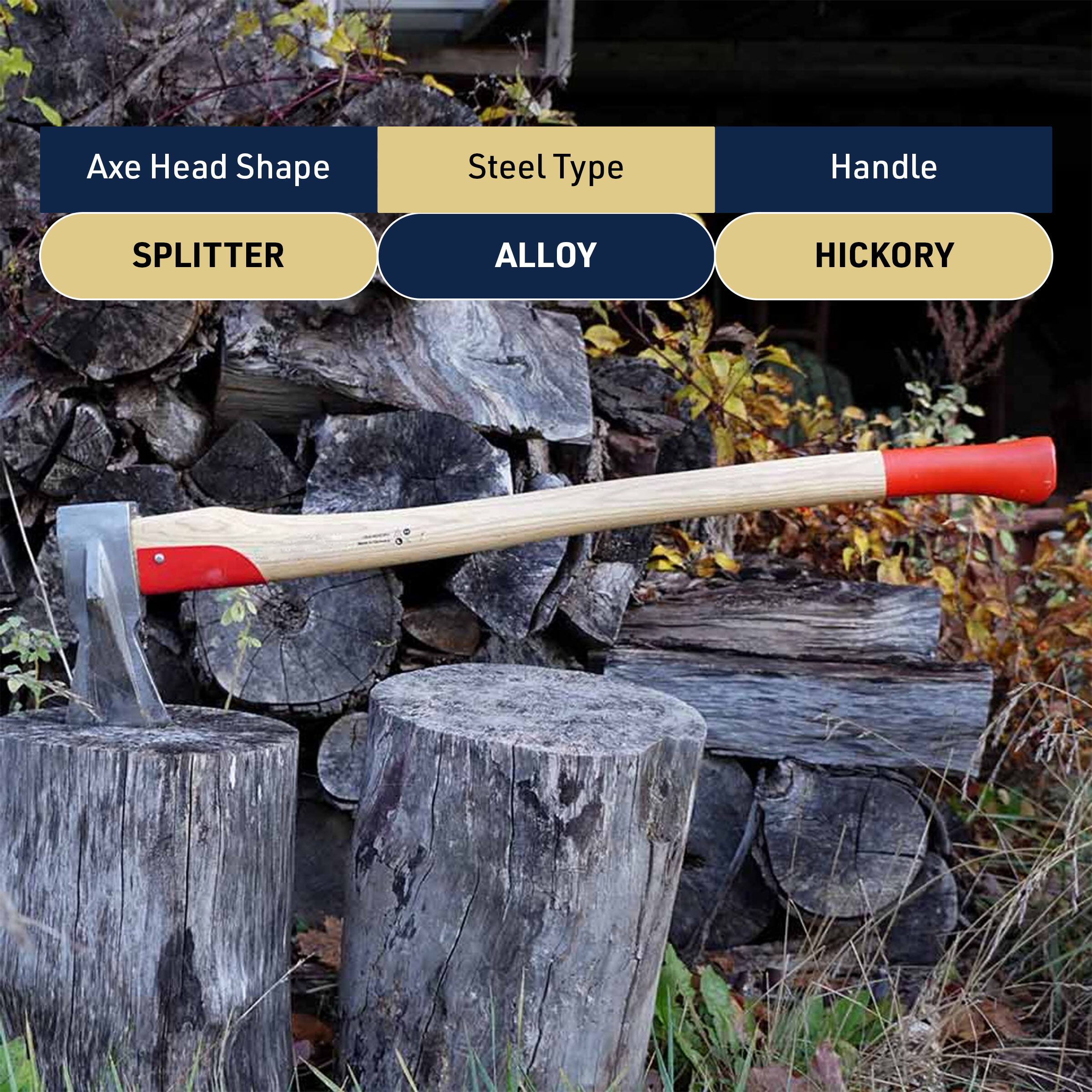Axe Head Shape: SPLITTER  
Steel Type: ALLOY  
Handle: HICKORY