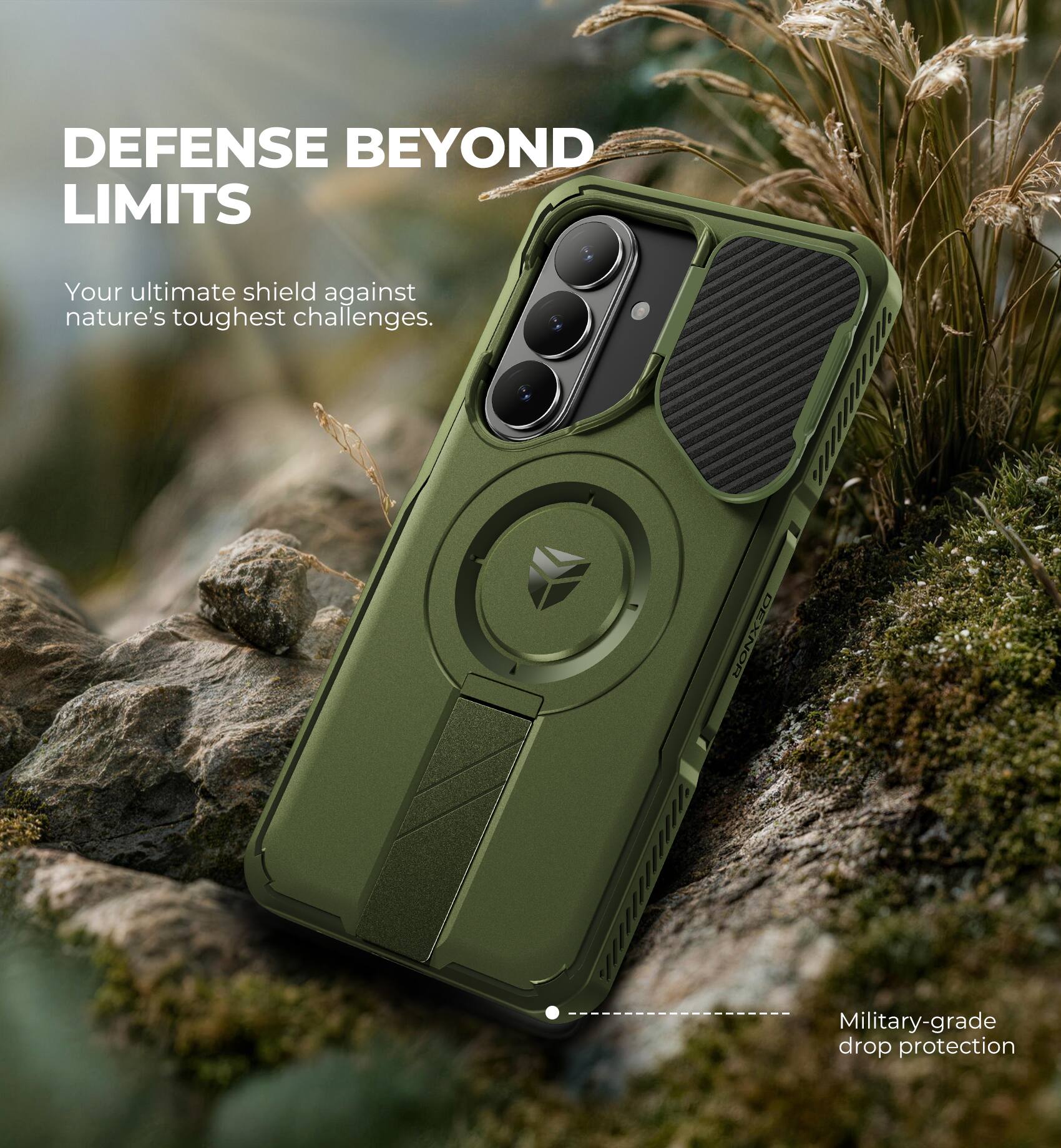 DEFENSE BEYOND LIMITS  
Your ultimate shield against nature's toughest challenges.  
DEXNOR  
Military-grade drop protection