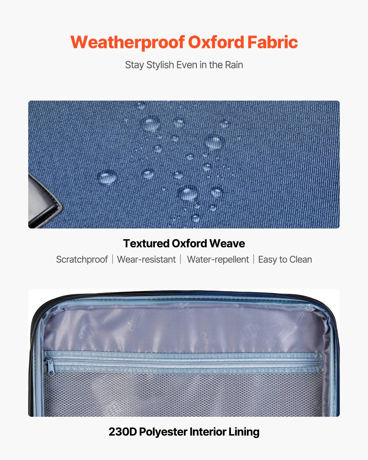 Weatherproof Oxford Fabric
Stay Stylish Even in the Rain
Textured Oxford Weave
Scratchproof | Wear-resistant | Water-repellent | Easy to Clean
230D Polyester Interior Lining