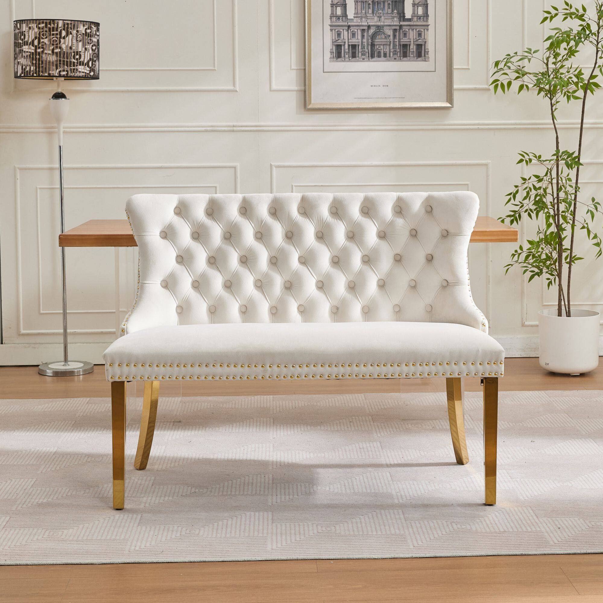 Alt View 10. GOODSILO - Velvet Tufted Double Seater Dining Bench with Gold Accent Legs for Kitchen and Dining Room Seating - Beige.