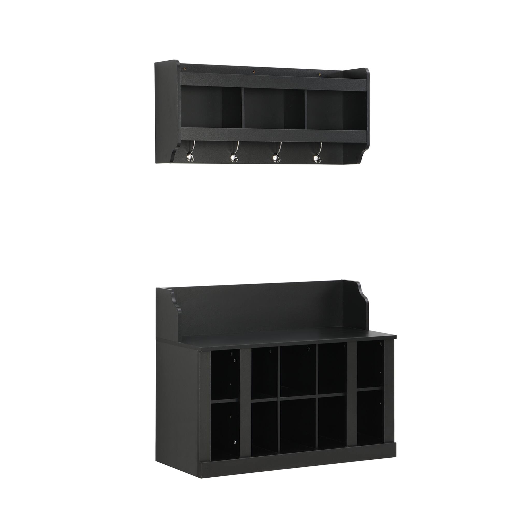 Alt View 5. GOODSILO - Modern Shoe Storage Bench with Adjustable Shelves and Wall-Mounted Coat Hooks for Organized Entryway - Black.