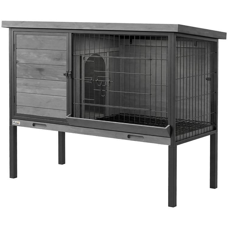 Front. PULUZ - Elevated Rabbit Hutch Outdoor, Wooden Rabbit Cage Bunny House with Pull-out Tray and Openable Plastic Roof.
