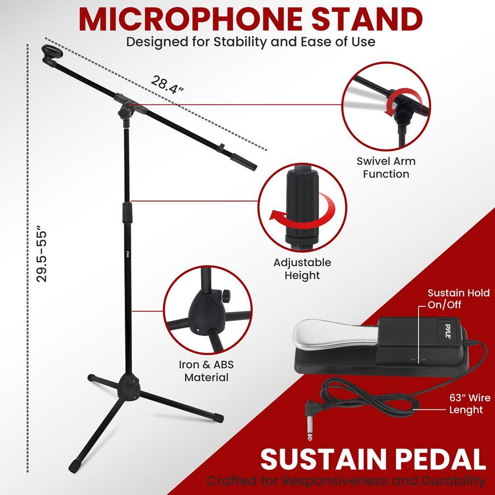 MICROPHONE STAND  
Designed for Stability and Ease of Use  
- 28.4" Swivel Arm Function  
- 29.5-55" Adjustable Height  
- Iron & ABS Material  
- 63" Wire Length  

SUSTAIN PEDAL  
Crafted for Responsiveness and Durability  
- Sustain Hold On/Off
