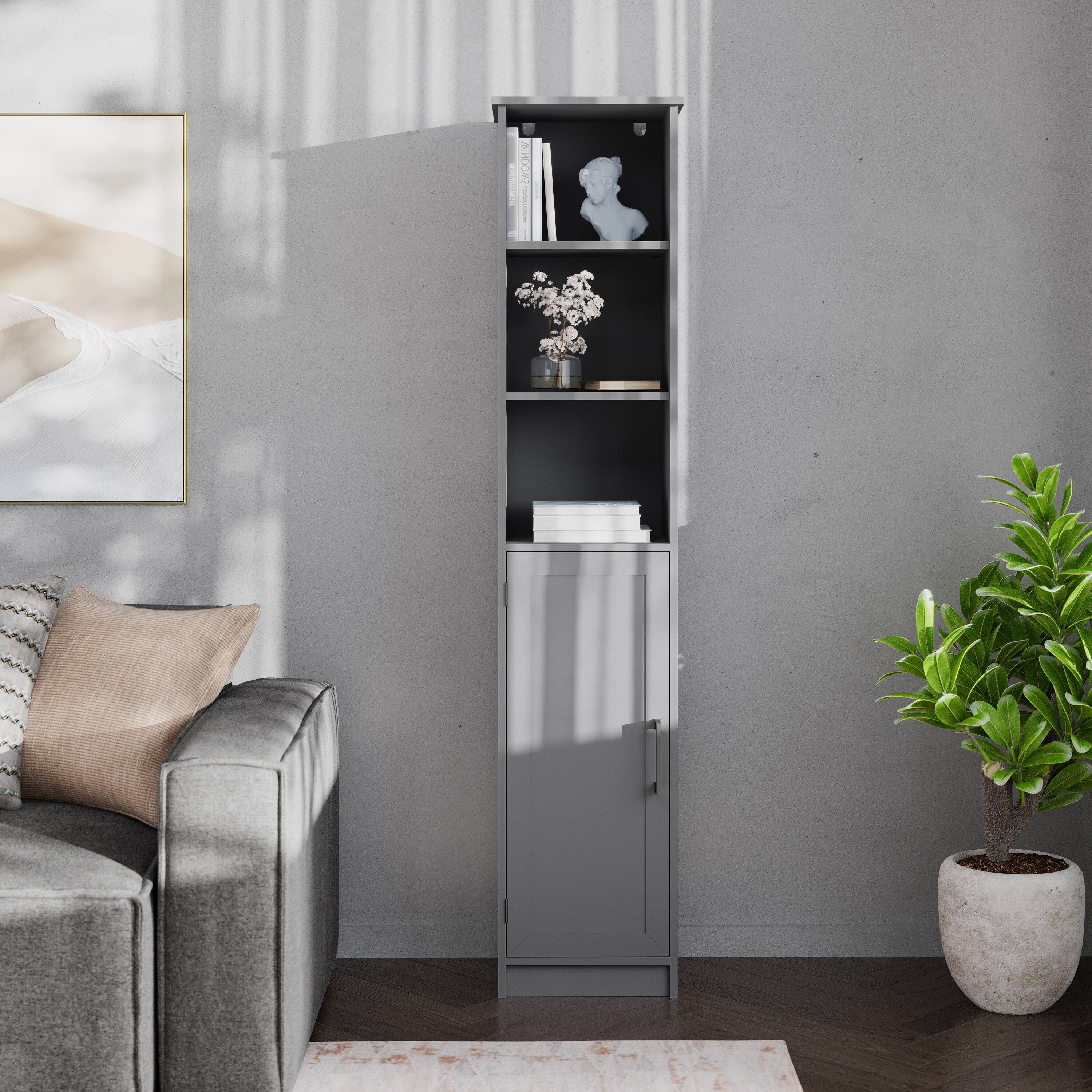 Alt View 4. Emma + Oliver - Modern Freestanding Linen Tower with Shelves and Magnetic Close Door - Gray.