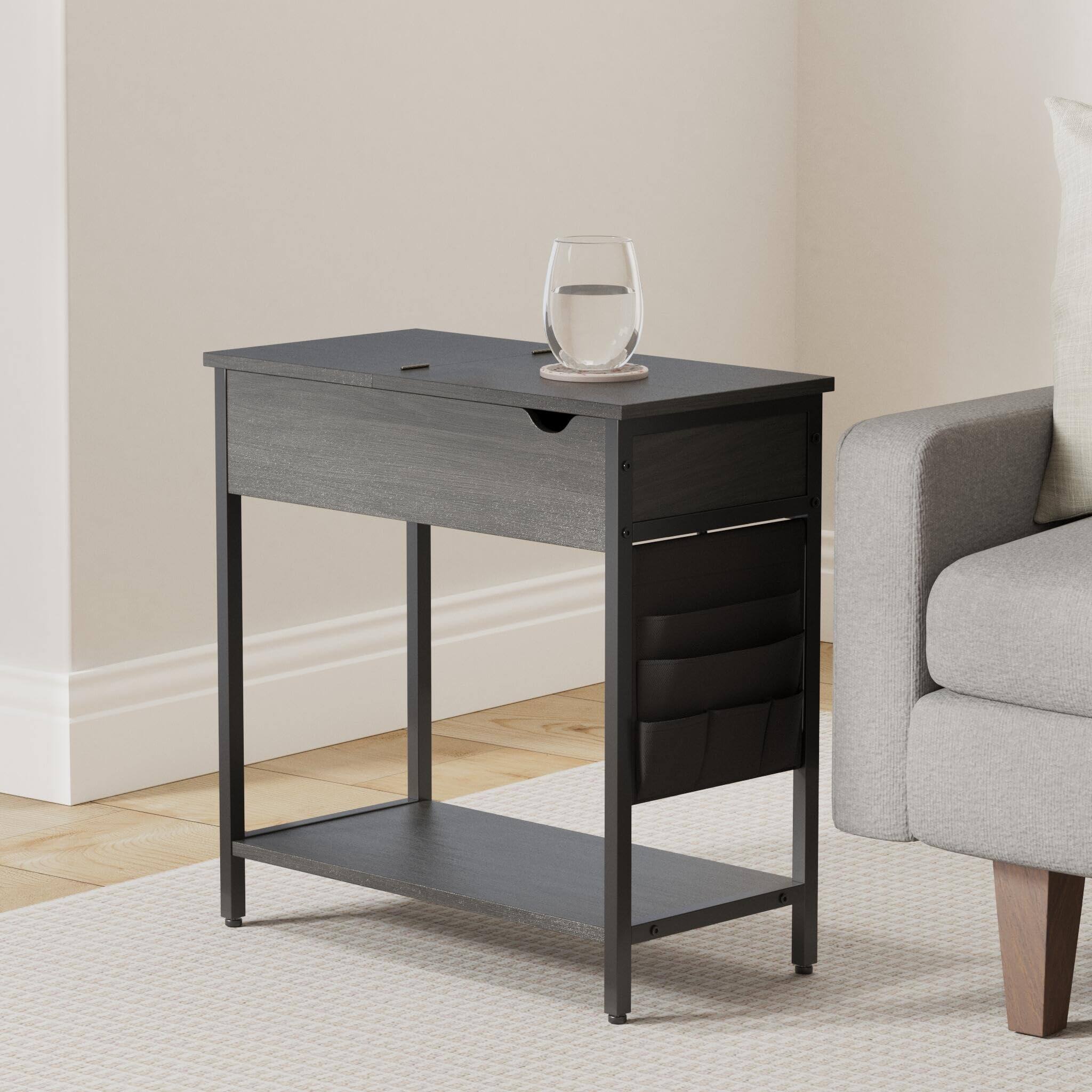 Alt View 2. Songmics Home - Side Table with Charging Station Ebonized Oak and Black Finish - Oak.