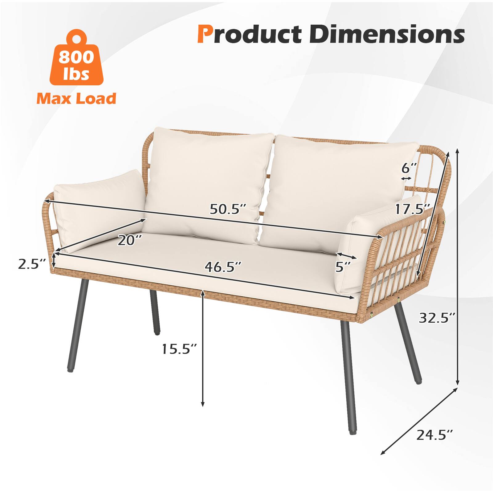 800 lbs Max Load  
Product Dimensions: 6" x 50.5" x 17.5" x 20" x 2.5" x 46.5" x 5" x 32.5" x 15.5" x 24.5"
