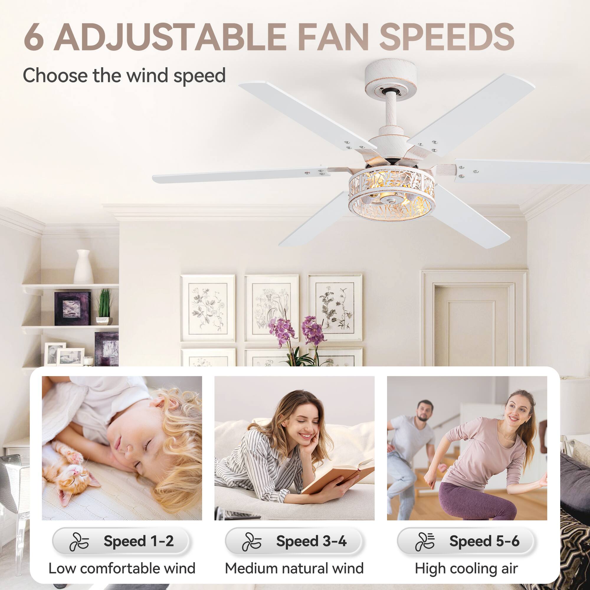 6 ADJUSTABLE FAN SPEEDS
Choose the wind speed
Speed 1-2 Low comfortable wind
Speed 3-4 Medium natural wind
Speed 5-6 High cooling air