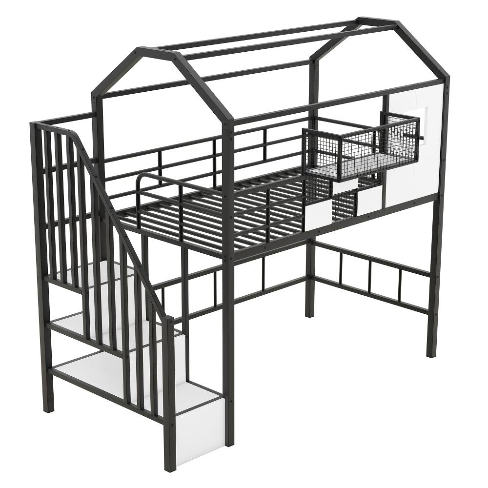 Alt View 2. Loheer - Loheer Metal Loft Bed with Roof Design Twin Size Black House Loft Bed with Storage Box and Integrated Ladder - Black.