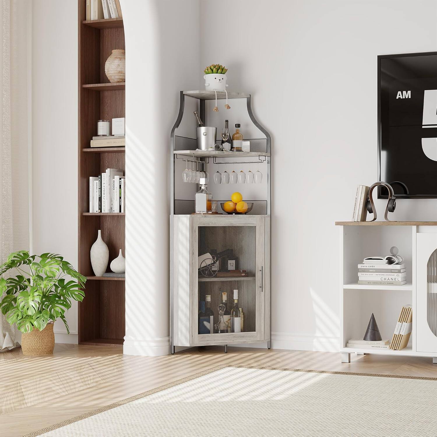 Alt View 4. Babevy - 5-Tier Gold Industrial Corner Bar Cabinet ,Removable Glass Rack,Adjustable Shelves & Glass Doors, Gray - Gray.