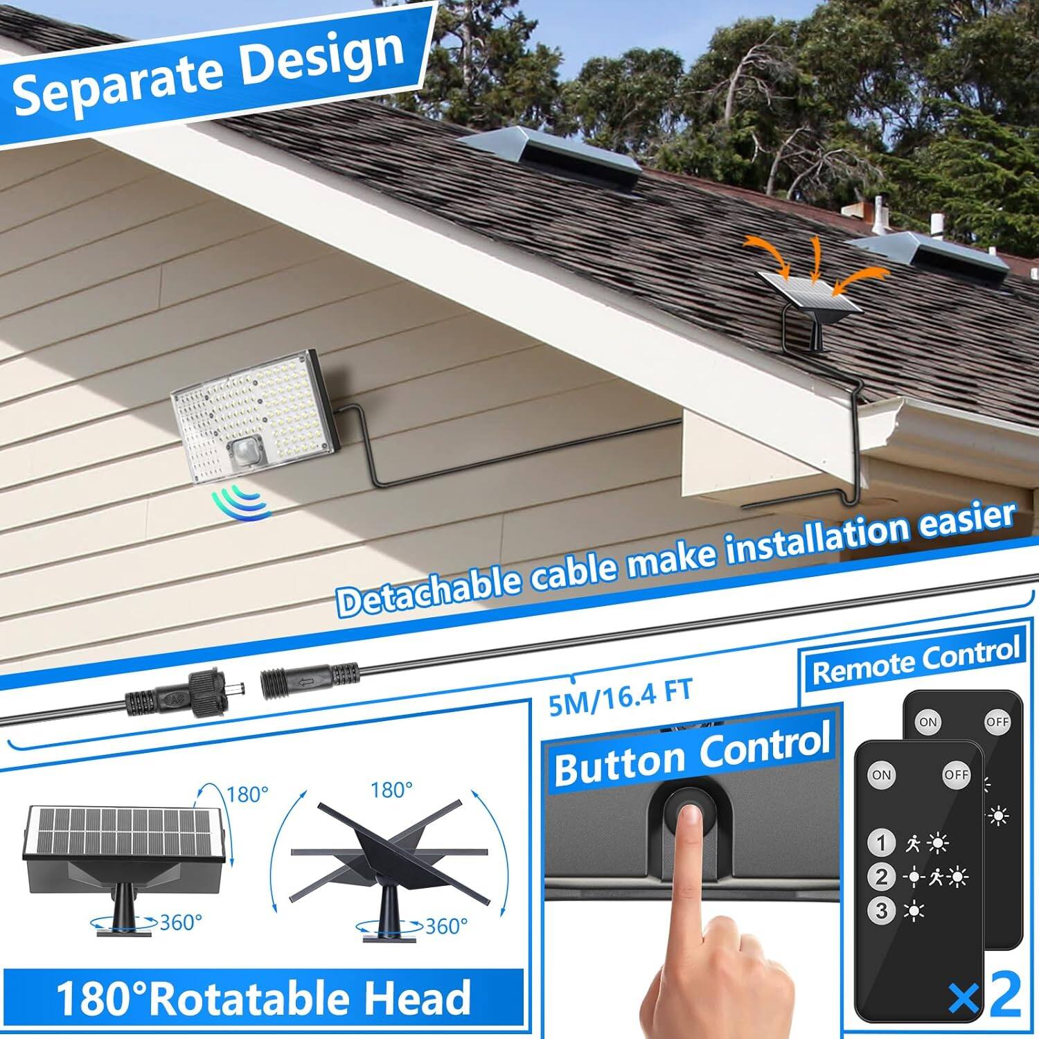 Separate Design  
Detachable cable make installation easier  
180° Rotatable Head  
Remote Control  
Button Control  
5M/16.4 FT  
ON OFF  
1 2 3  
× 2