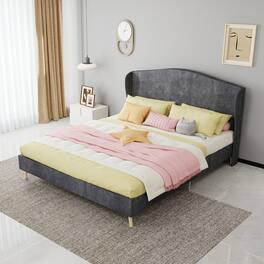 Loheer - Velvet Queen Bed Upholstered Platform Bed Frame Luxury Master Bedroom Furniture - Gray
