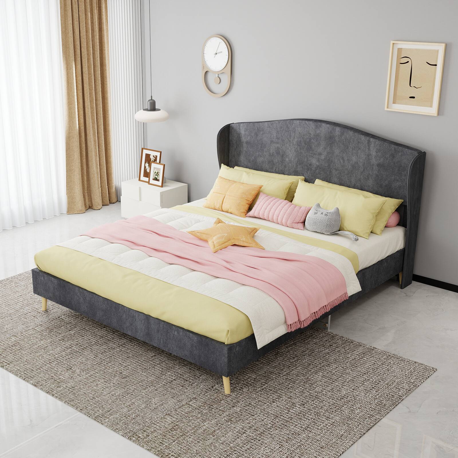 Front. Loheer - Loheer Gray Velvet Queen Bed Upholstered Platform Bed Frame Luxury Master Bedroom Furniture - Grey.