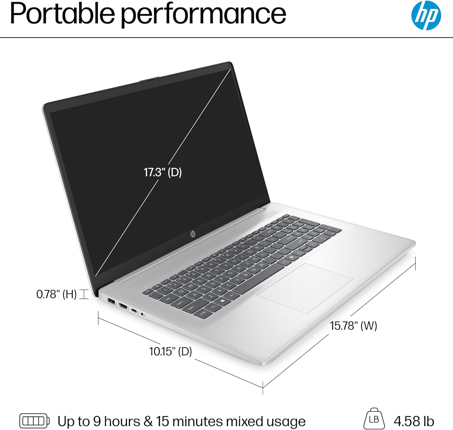 Portable performance

17.3" (D)  
0.78" (H)  
15.78" (W)  
10.15" (D)  

Up to 9 hours & 15 minutes mixed usage  
4.58 lb