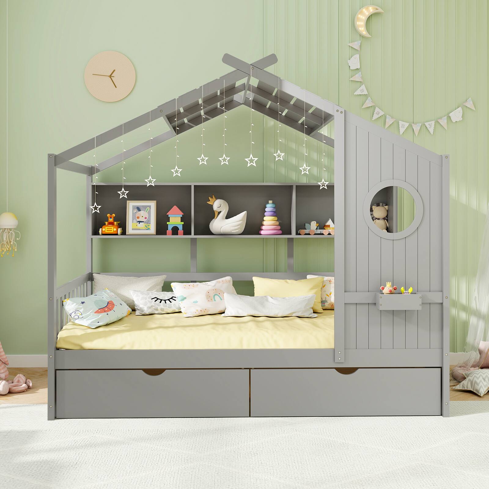 Alt View 3. Gymax - Gymax Twin Size House Bed Kids Bed Frame w/ 2 Storage Drawers & Fence Guardrails Gray - Gray.