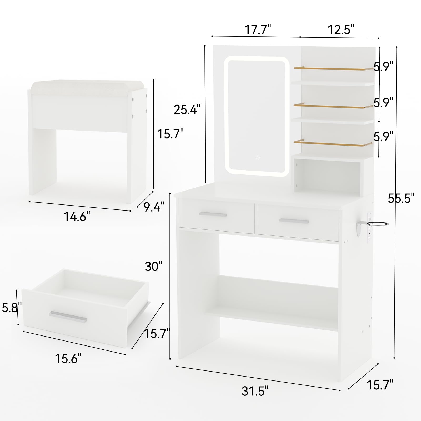 Here are the corrected dimensions grouped by their respective measurements:

- **Width:**
  - 17.7"
  - 12.5"
  - 14.6"
  - 15.6"
  - 31.5"

- **Height:**
  - 25.4"
  - 55.5"
  - 30"

- **Depth:**
  - 9.4"
  - 5.9" (appears three times)
  - 5.8"
  - 15.7" (appears three times)

- **Additional Dimensions:**
  - 31.5"