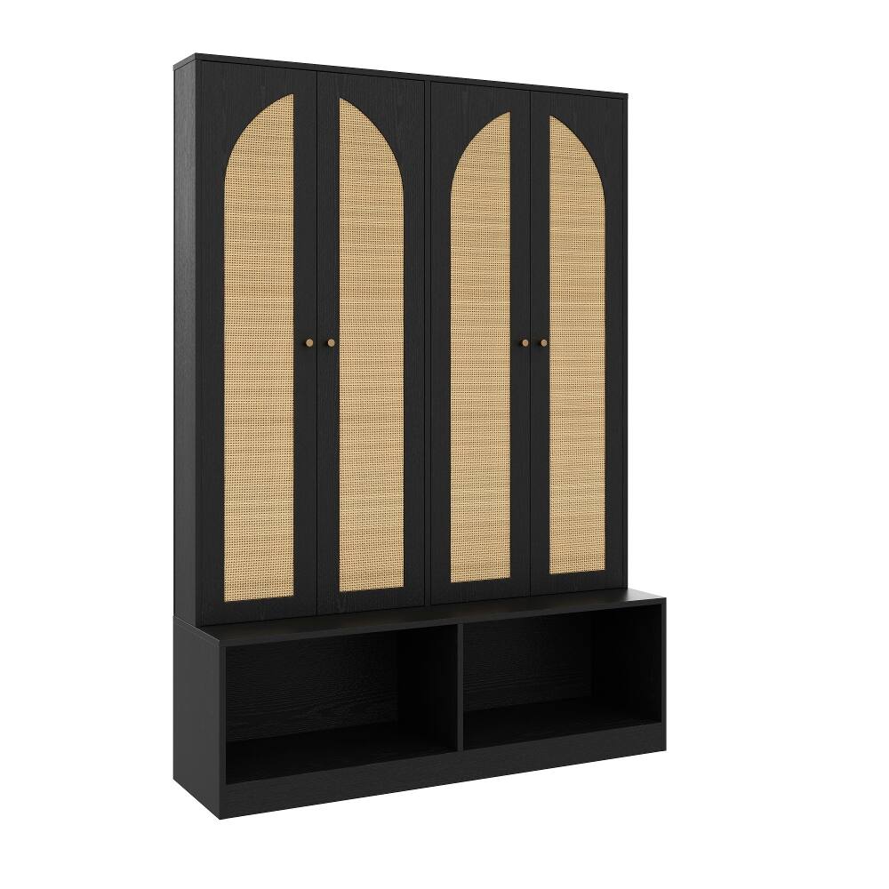 Alt View 4. Loheer - Loheer Farmhouse Hall Tree with Rattan Doors, 4-In-1 Entryway Seating Bench, Black 55.1"W - Black.