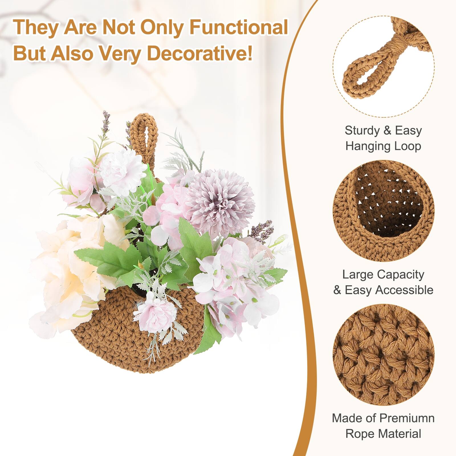 They Are Not Only Functional But Also Very Decorative! Sturdy & Easy Hanging Loop Large Capacity & Easy Accessible Made of Premium Rope Material