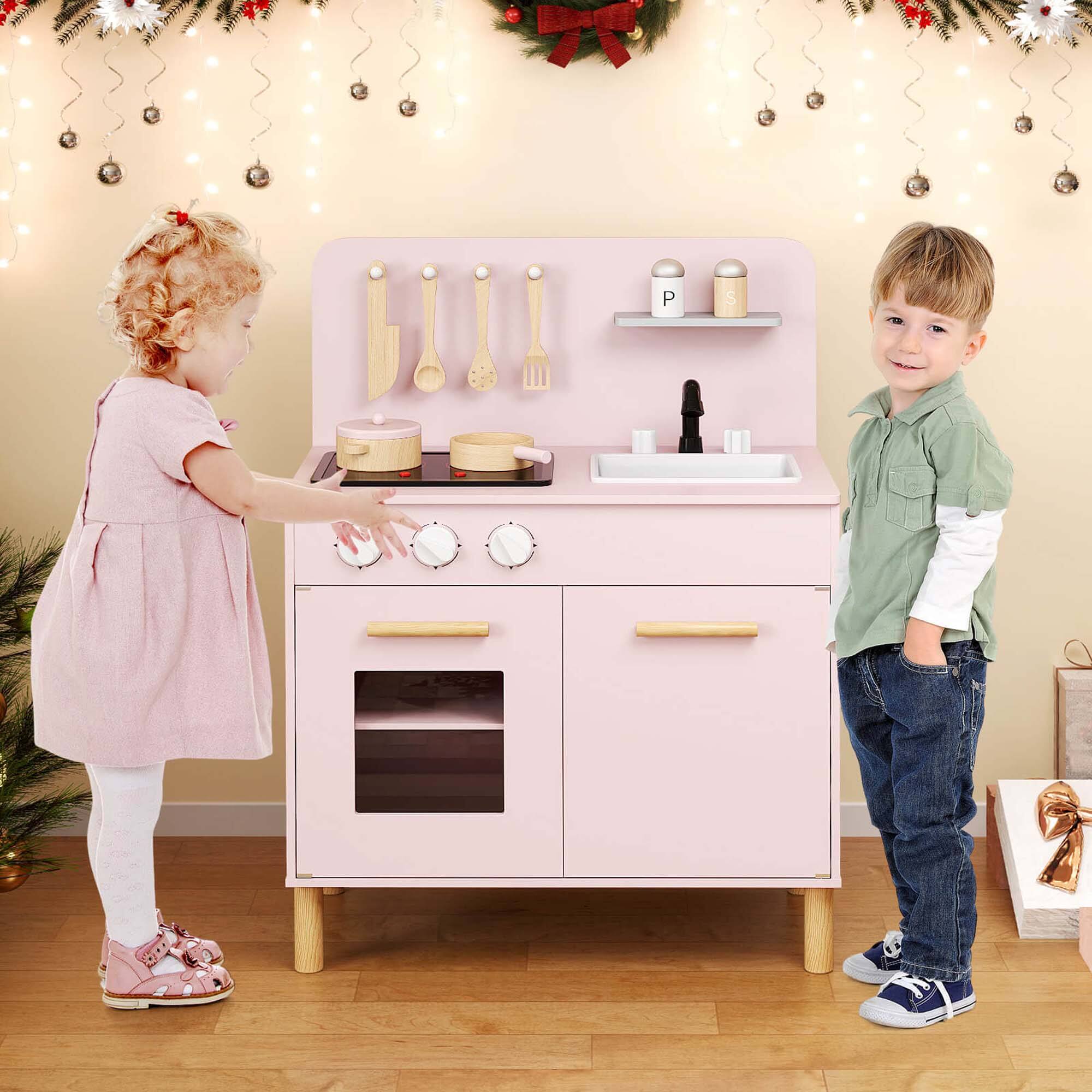 Alt View 1. Costway - Costway Kids Kitchen Playset with Light up Stove & Cooking Sounds Oven Sink Faucet - Pink.