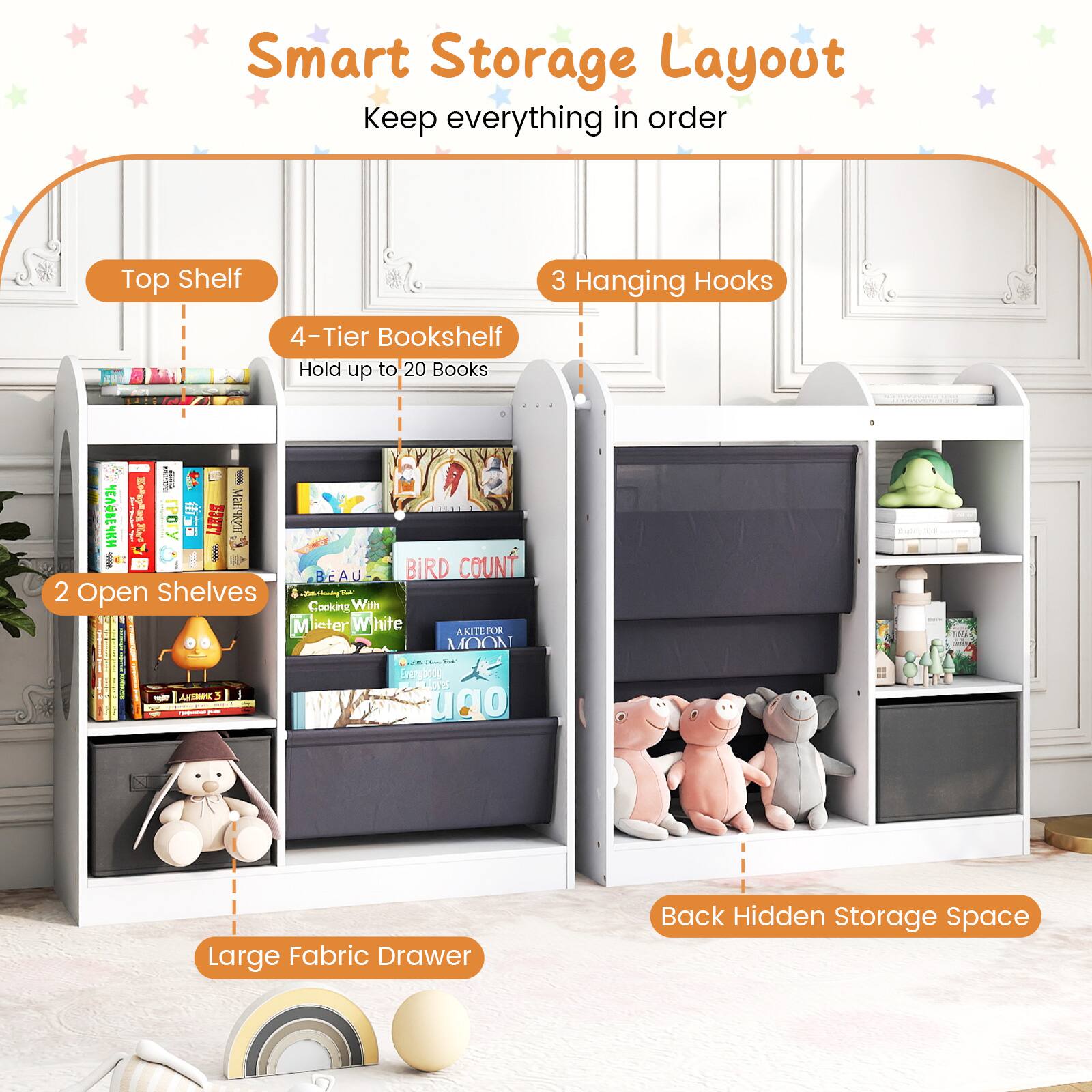 Smart Storage Layout  
Keep everything in order  

- Top Shelf  
- 3 Hanging Hooks  
- 4-Tier Bookshelf (Hold up to 20 Books)  
- 2 Open Shelves  
- Large Fabric Drawer  
- Back Hidden Storage Space