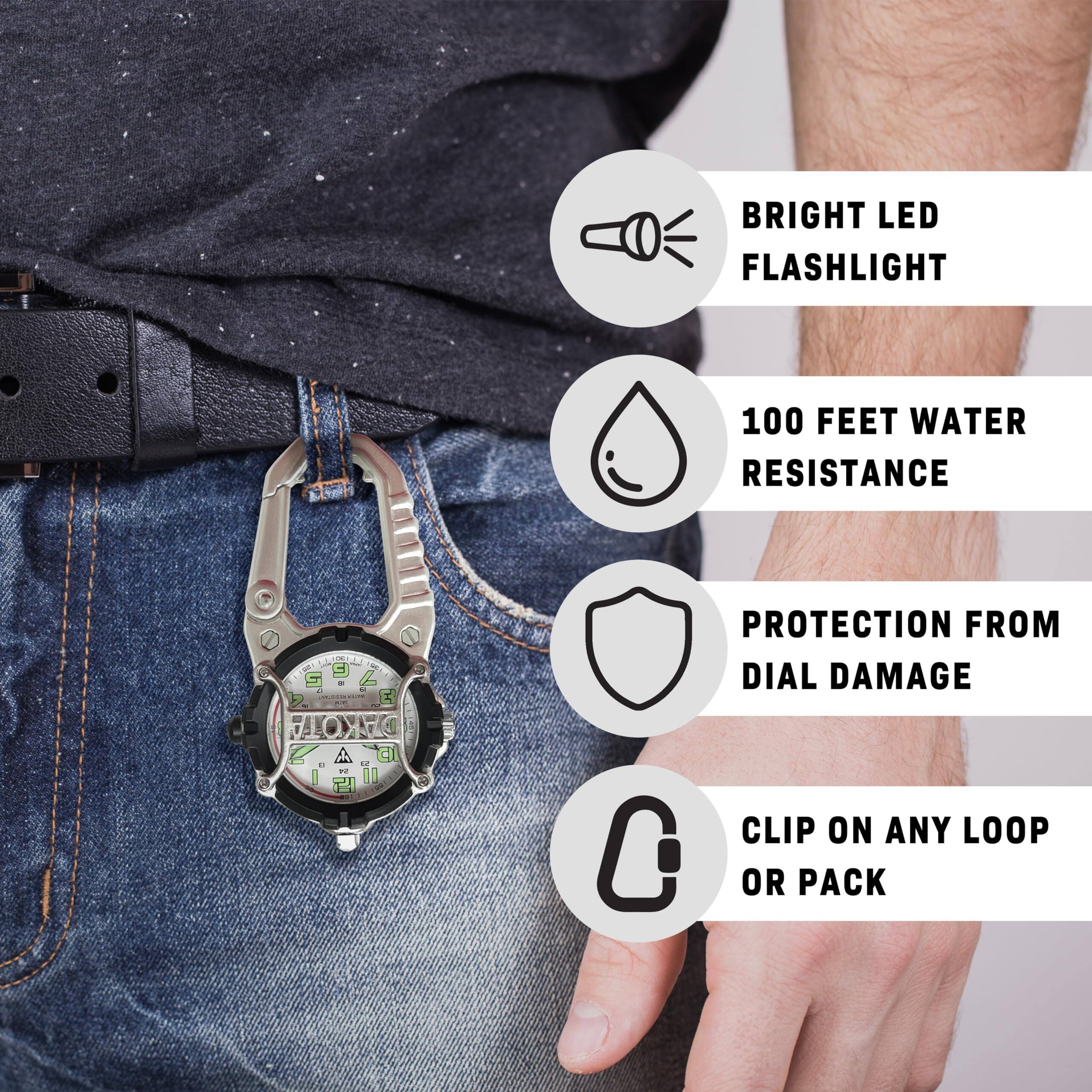 BRIGHT LED FLASHLIGHT  
100 FEET WATER RESISTANCE  
PROTECTION FROM DIAL DAMAGE  
CLIP ON ANY LOOP OR PACK