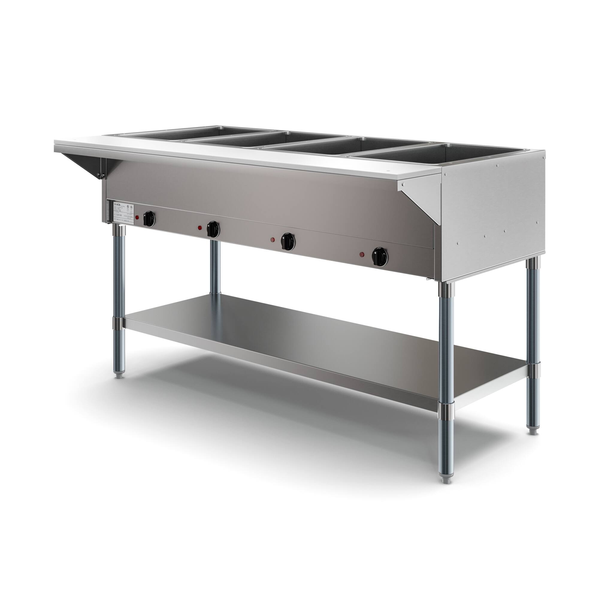 Angle. Koolmore - Four Pan Open Well Electric Steam Table with Undershelf, KM-OWS-4. - Silver.