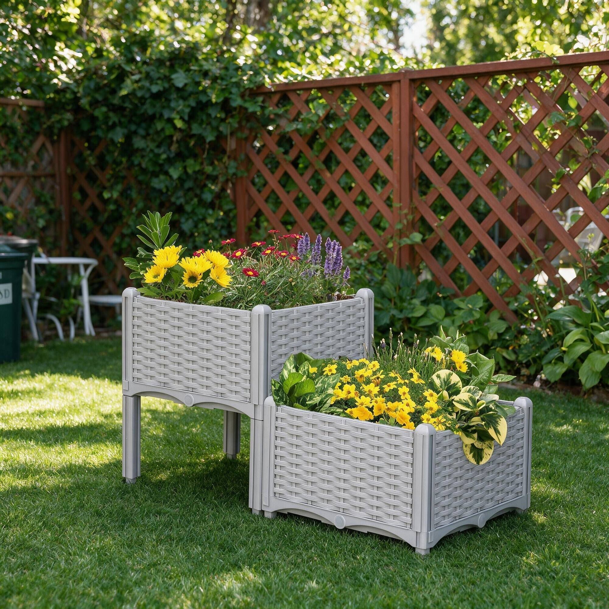 Alt View 2. RYHNUYNE - Outsunny Raised Garden Bed with Legs, Self-Watering Planter Box, Polypropylene Rattan, Gray, Modular Set for Patio - Gray.