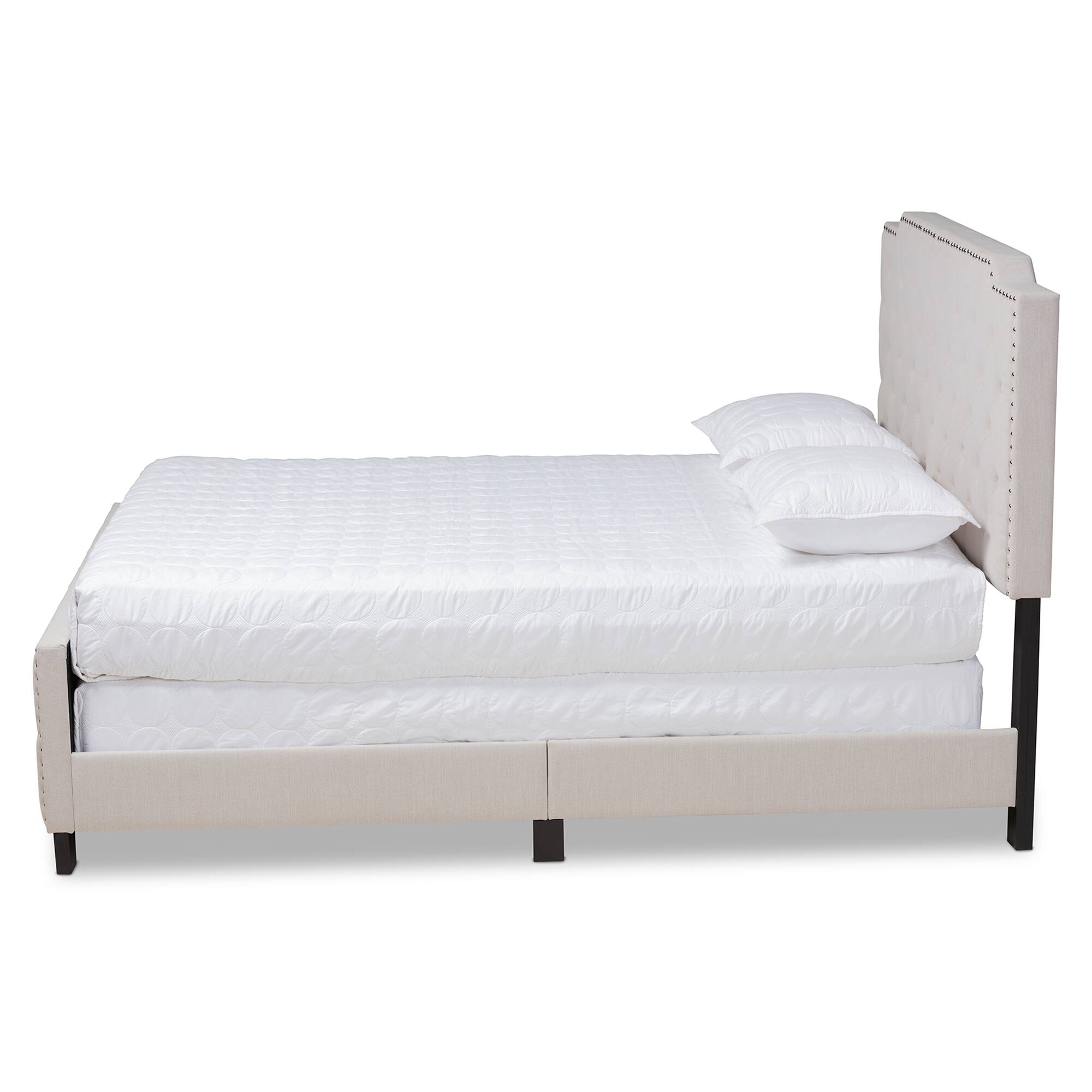 Angle. Baxton Studio - Marion Modern Transitional Fabric Upholstered Button Tufted Panel Bed - Beige/Black.