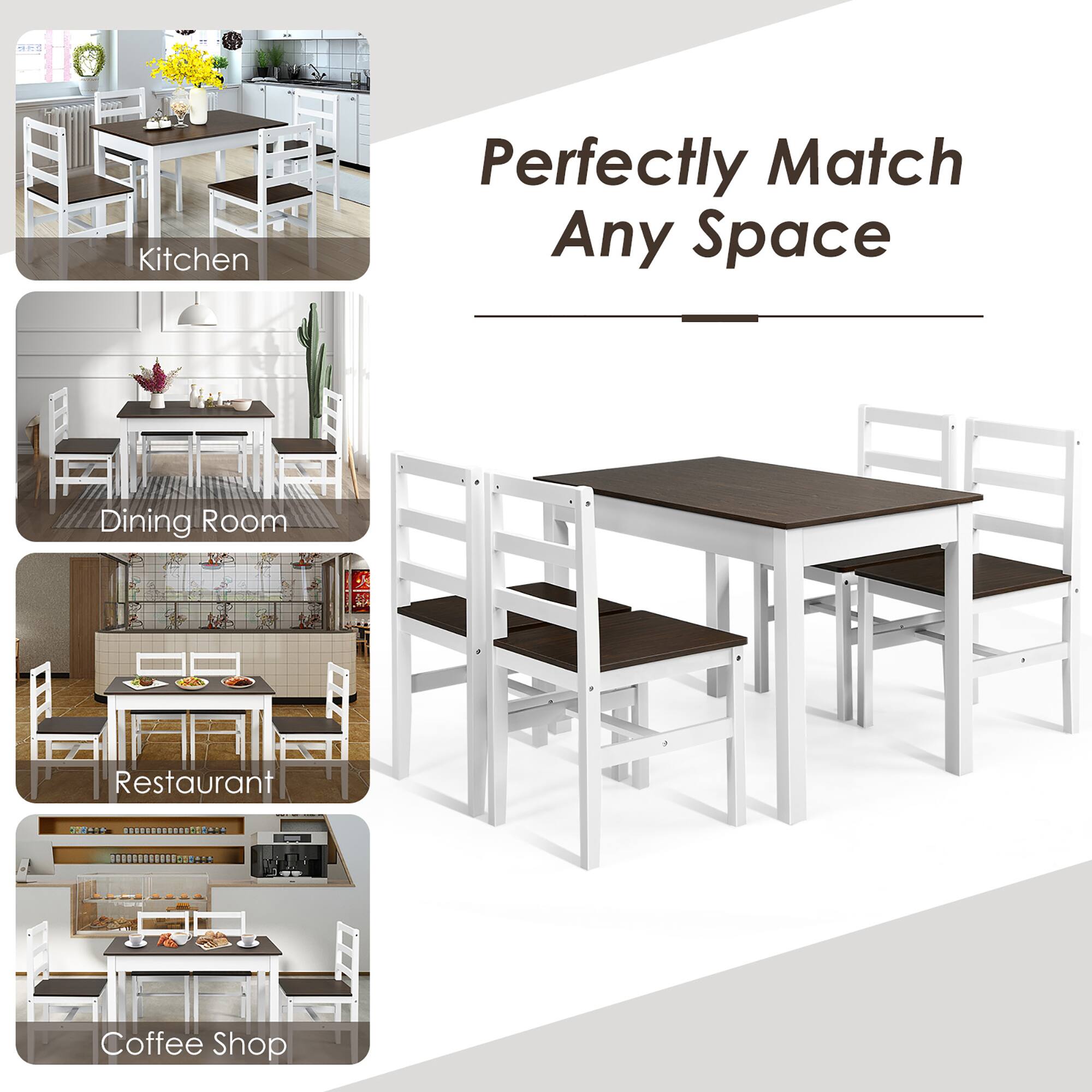 The text on the image is grouped as follows:

1. Perfectly Match Any Space
2. Kitchen
3. Dining Room
4. Restaurant
5. Coffee Shop