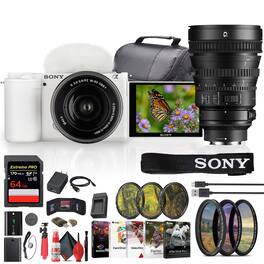 ZV-E10 Mirrorless Camera W/ 16-50mm II Lens (White) + Sony E 10-18mm Lens + More (International Model)