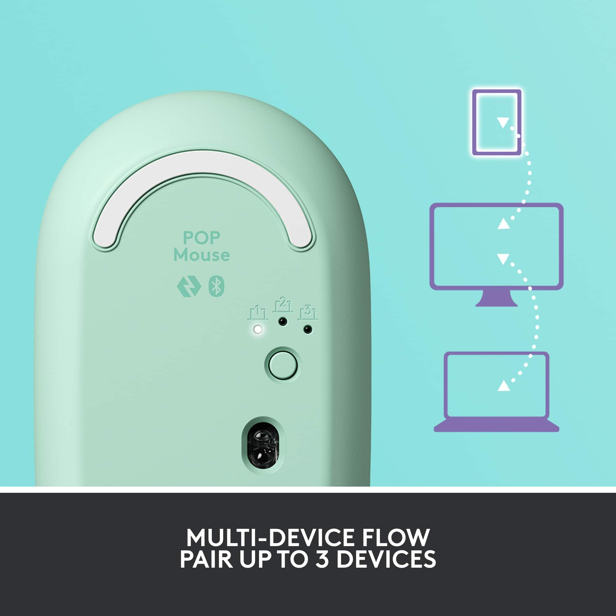 The text on the image reads "POP Mouse MULTI-DEVICE FLOW PAIR UP TO 3 DEVICES."