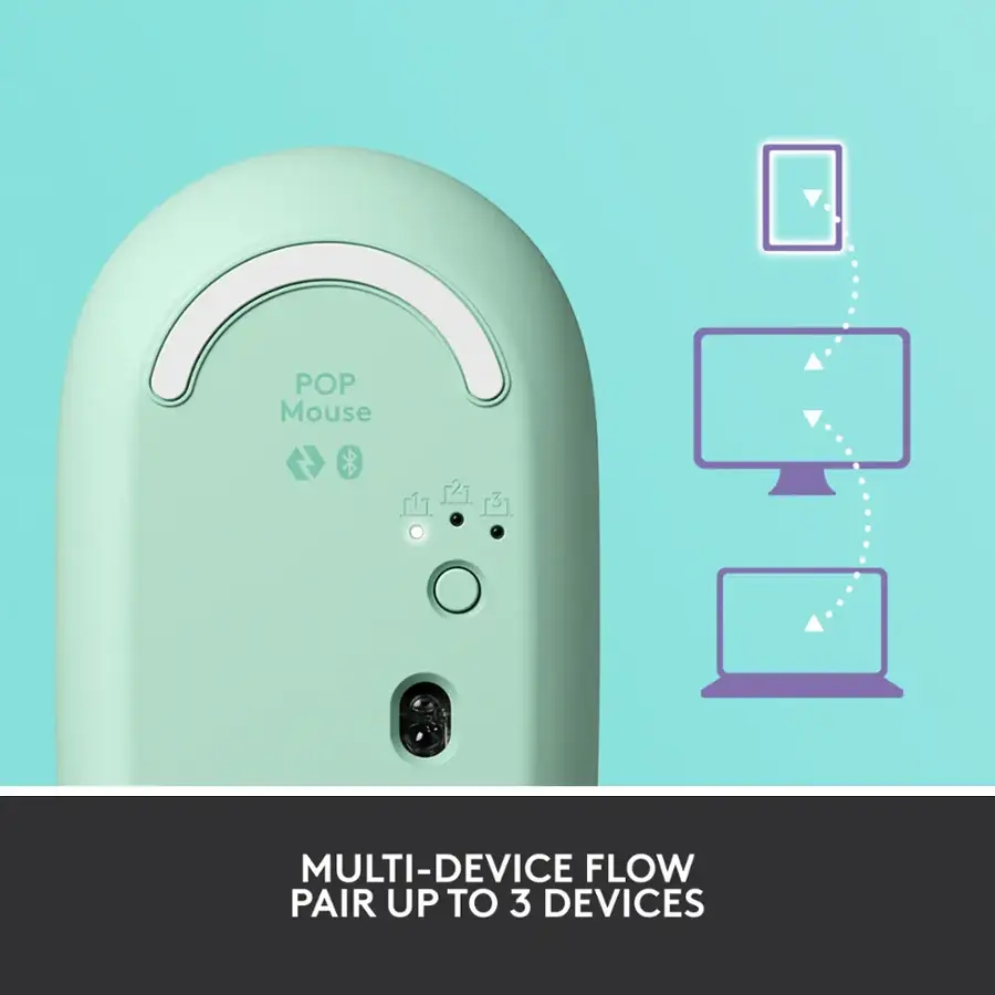 The text on the image reads "POP Mouse MULTI-DEVICE FLOW PAIR UP TO 3 DEVICES."