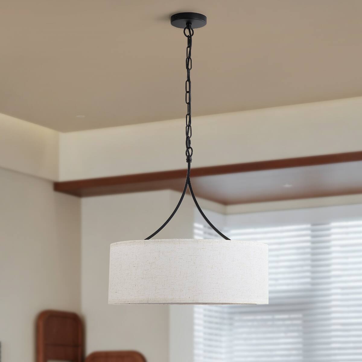 Left. Loheer - Loheer Three Light Fabric Drum Pendant Light Matte Black Adjustable Dining Room Chandelier.