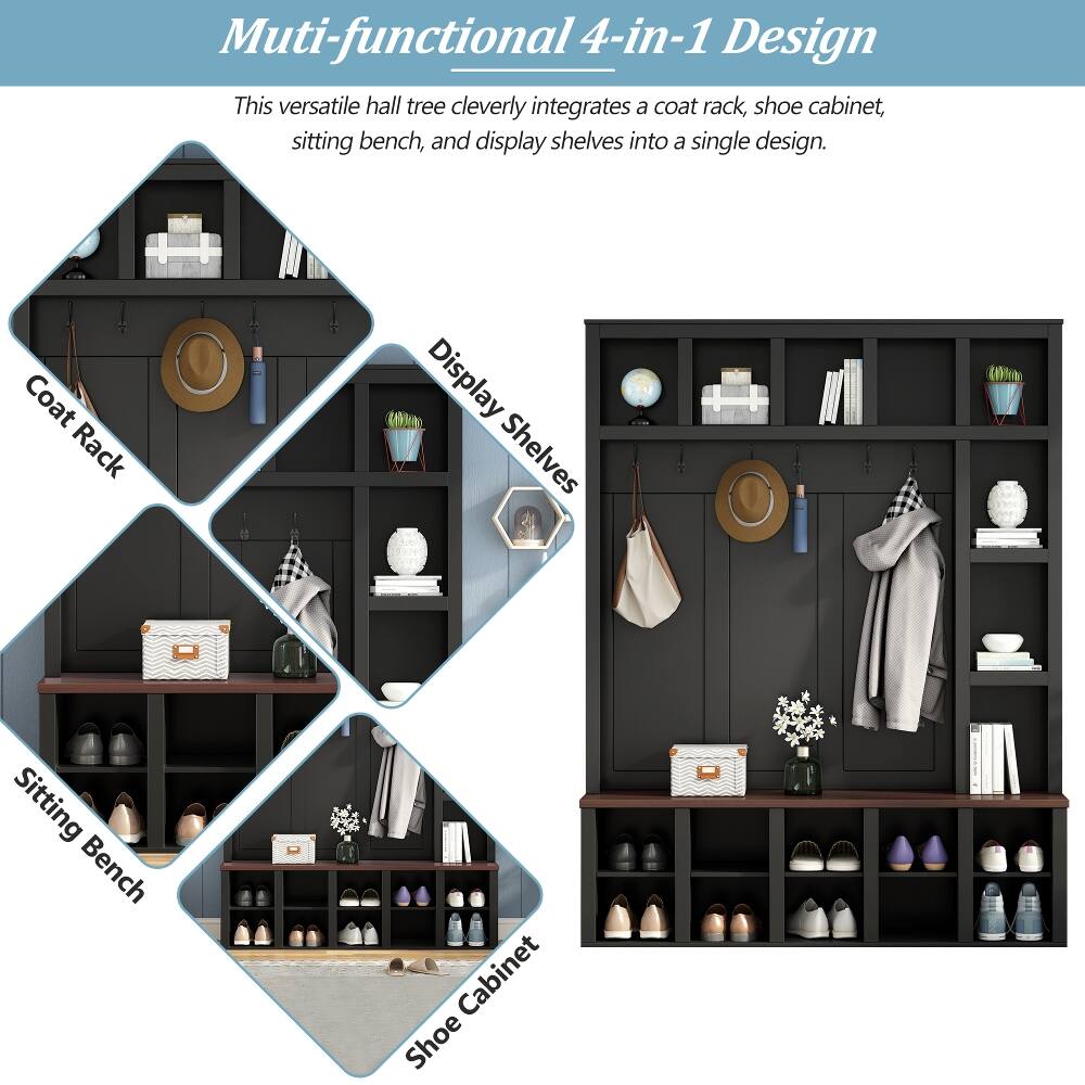 Multi-functional 4-in-1 Design  
This versatile hall tree cleverly integrates a coat rack, shoe cabinet, sitting bench, and display shelves into a single design.  

- Coat Rack  
- Display Shelves  
- Sitting Bench  
- Shoe Cabinet