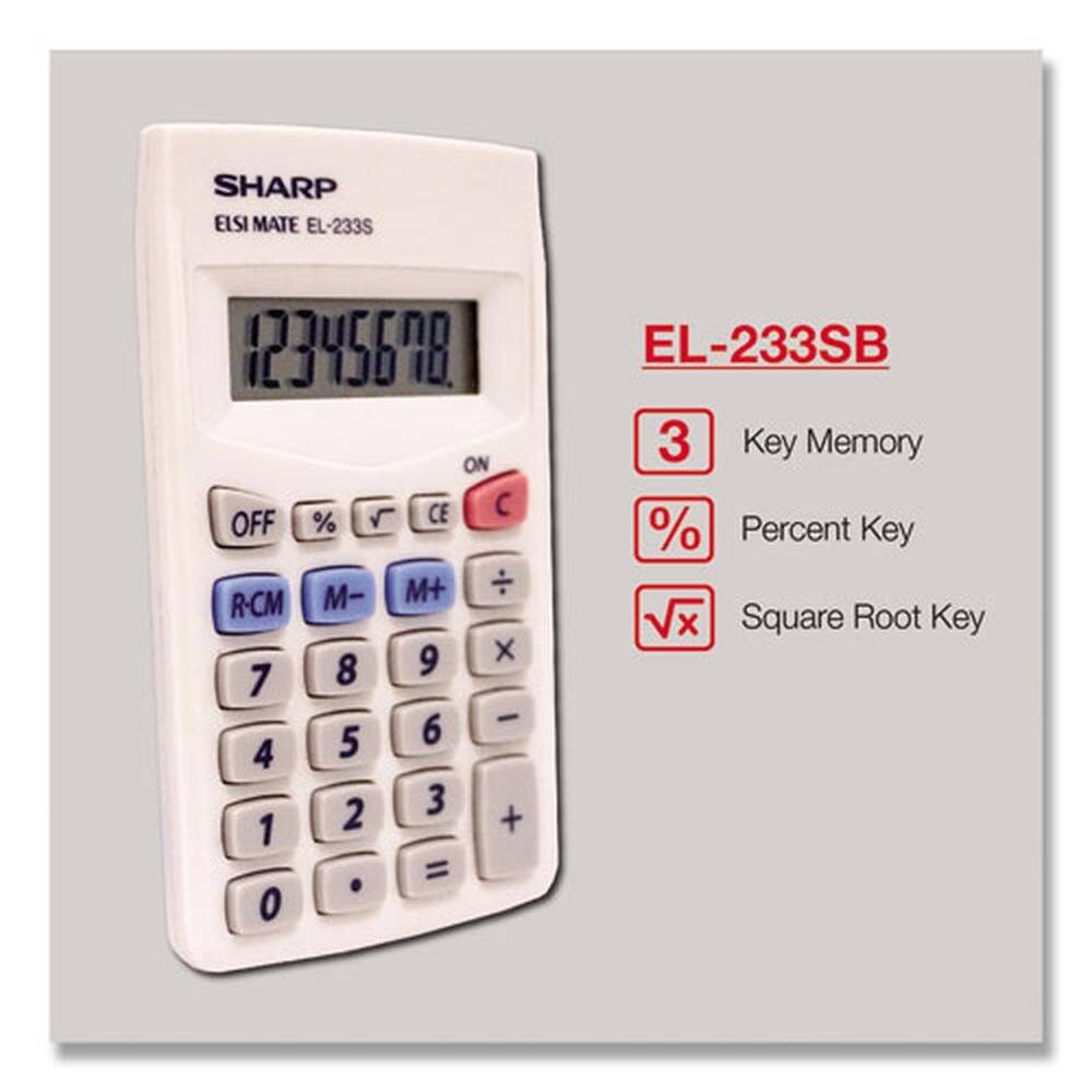 SHARP ELSI MATE EL-233S

EL-233SB

- 3 Key Memory
- % Percent Key
- √x Square Root Key

Buttons:
- OFF
- %
- √x
- CE
- C
- R-CM
- M-
- M+
- ÷
- 7
- 8
- 9
- ×
- 4
- 5
- 6
- -
- 1
- 2
- 3
- +
- 0
- .
- =