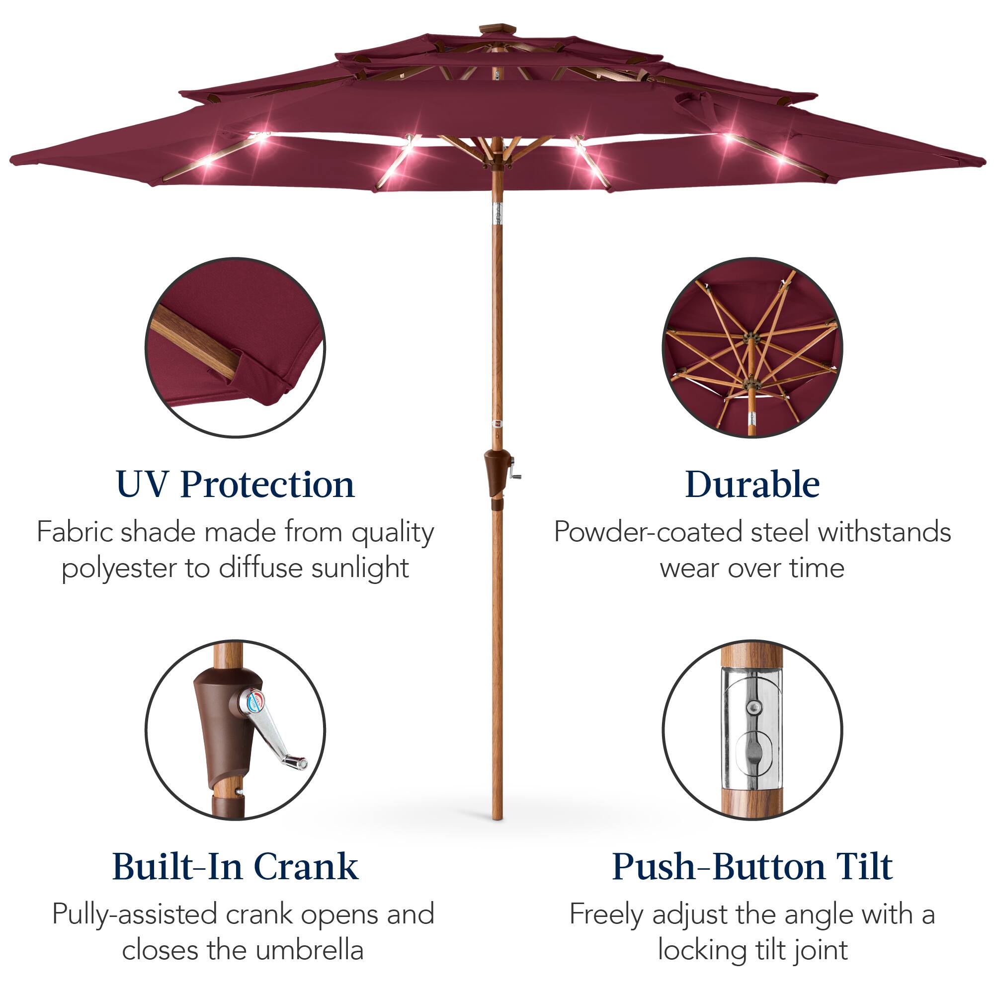 UV Protection Fabric shade made from quality polyester to diffuse sunlight. Durable Powder-coated steel withstands wear over time. Built-In Crank: Pulley-assisted crank opens and closes the umbrella. Push-Button Tilt: Freely adjust the angle with a locking tilt joint.
