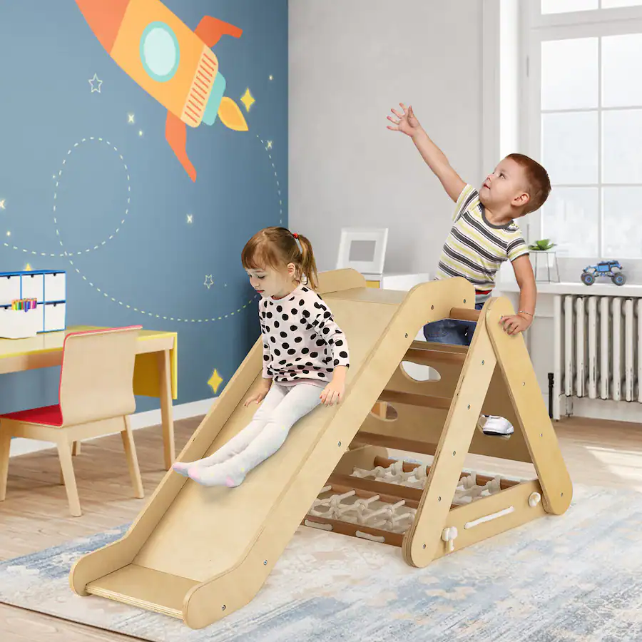 Gymax 4 in 1 Wooden Climbing Triangle Set Triangle Climber w/ Ramp ...