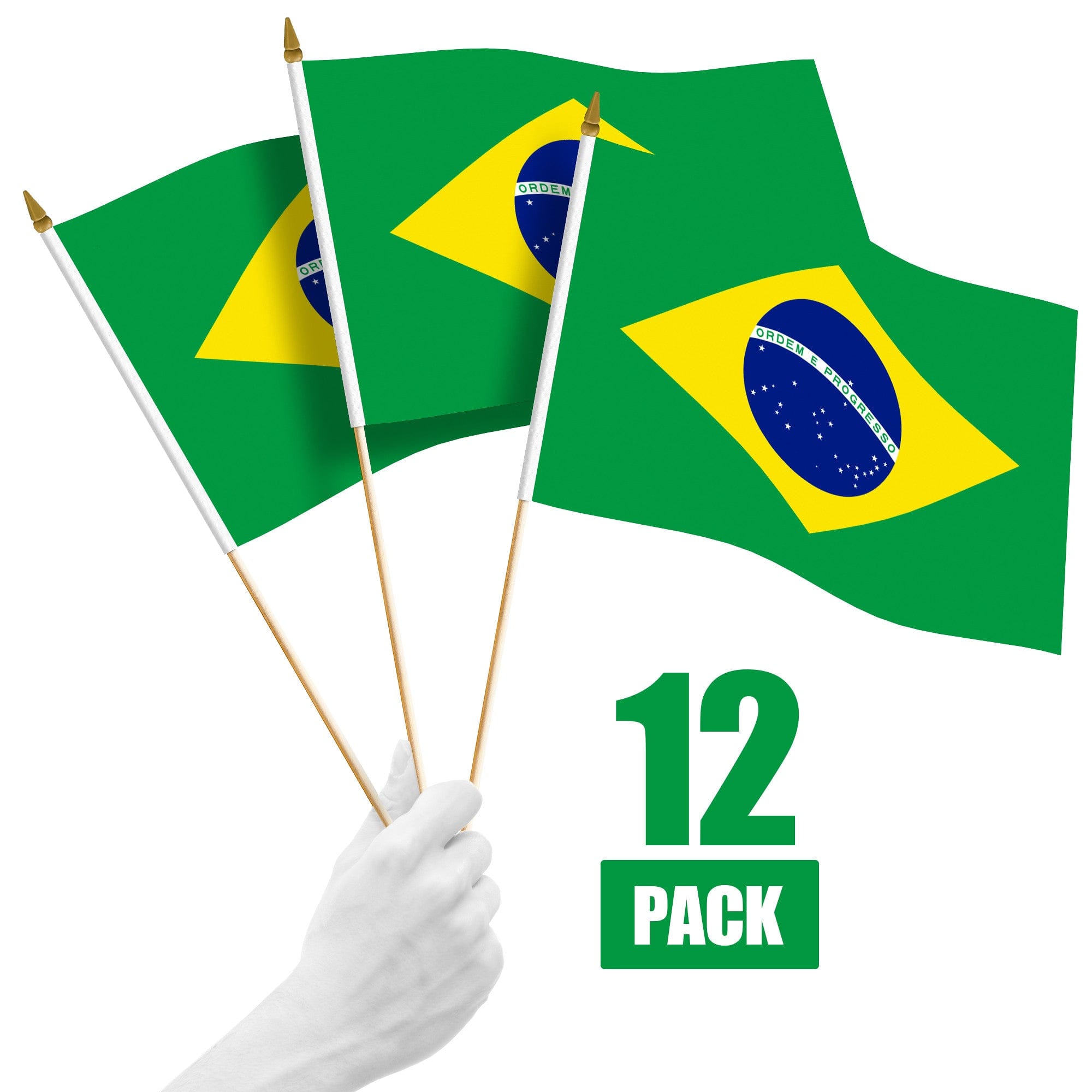 G128 - 12-Pack Handheld Brazil Flags, 12 x 18 in — 150D Polyester with Wooden Stick and Spear Tip - Assorted Colors