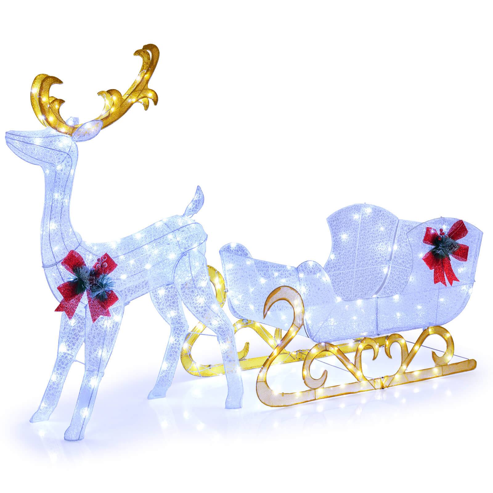 Costway - Lighted Christmas Reindeer and Sleigh with 215 White LED Lights 8 Ground Stakes - Cold White