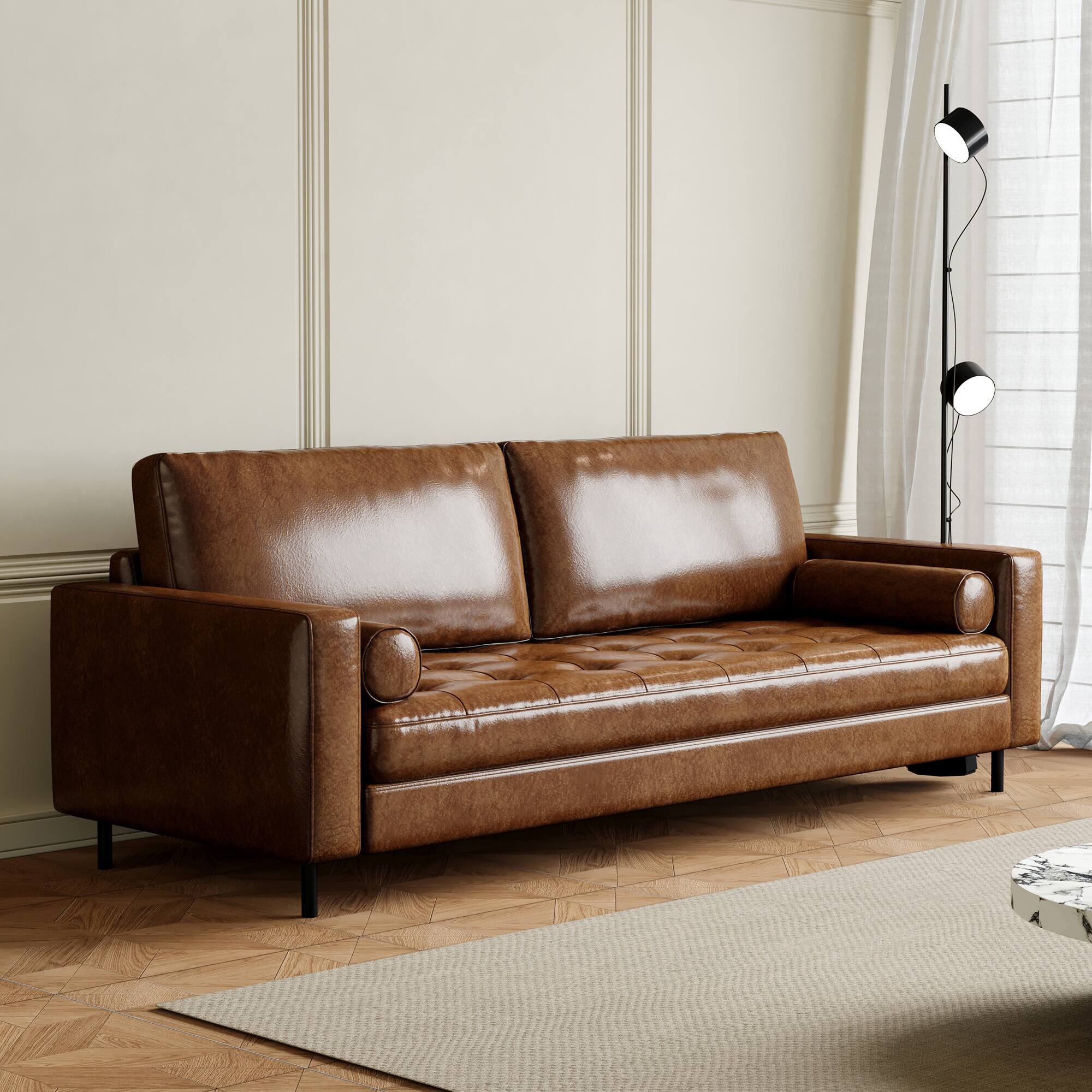 Back. luck idea - 80.31" High-End Vintage Oil-Waxed Leather Sofa, Couch,Durable Solid Frame & Ergonomic Comfort Seating for Living Room - Brown.