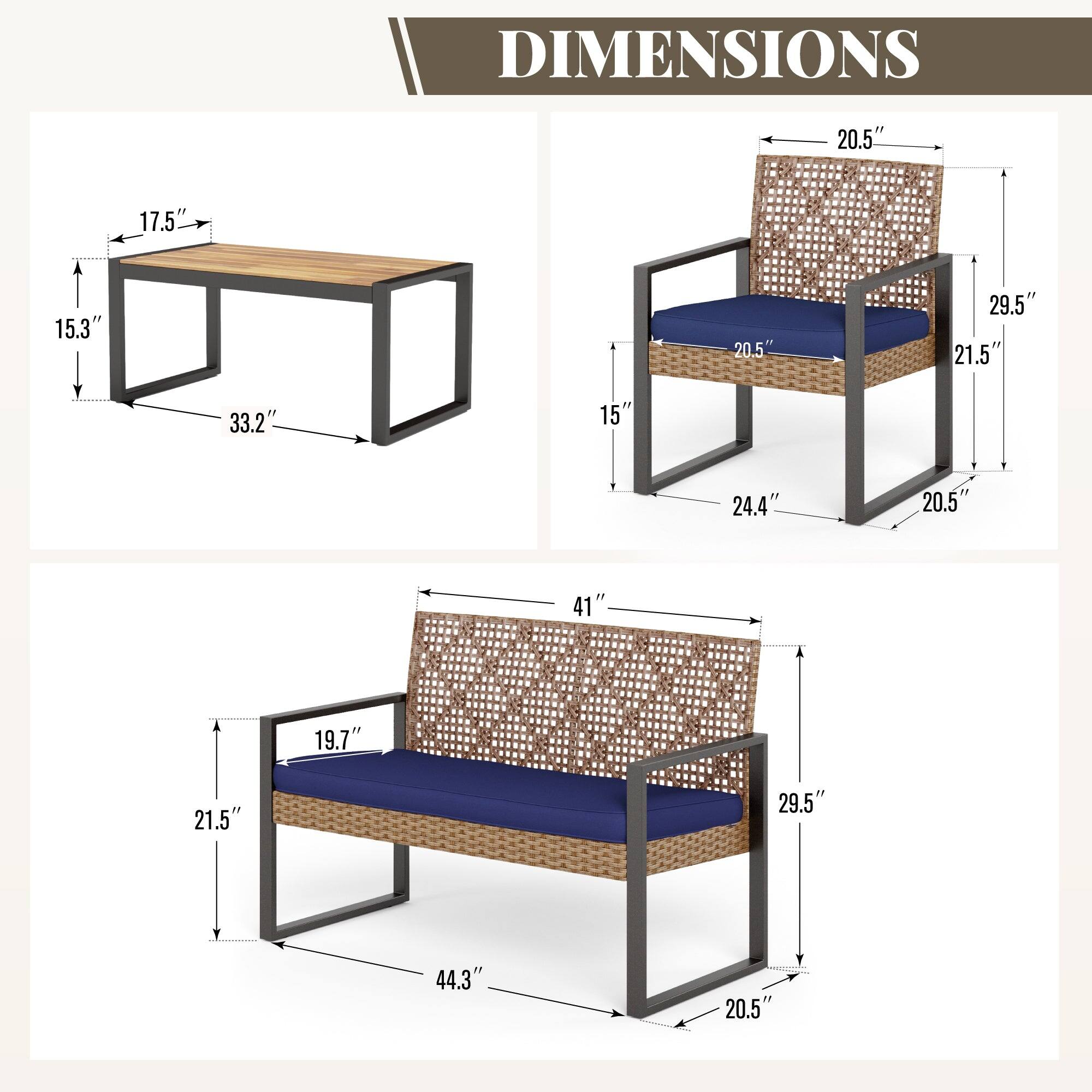 DIMENSIONS
- Table: 17.5" x 15.3" x 33.2"
- Chair: 20.5" x 29.5" x 21.5" x 24.4" x 20.5"
- Bench: 41" x 29.5" x 21.5" x 44.3" x 20.5"