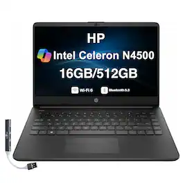 HP - Upgraded - 14 Laptop 14.0 HD (Intel Celeron N4500, 16GB DDR4, 512GB PCIe SSD, Intel UHD, Win 11 Pro) w/USB Hub - Jet Black