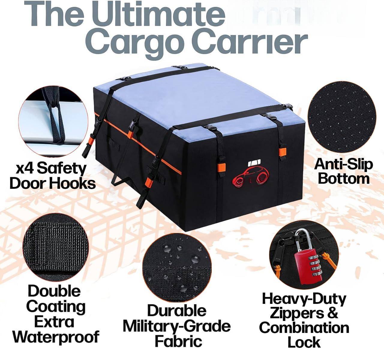 The Ultimate Cargo Carrier

- x4 Safety Door Hooks
- Anti-Slip Bottom
- Double Coating Extra Waterproof
- Durable Military-Grade Fabric
- Heavy-Duty Zippers & Combination Lock